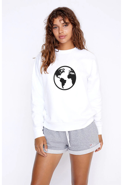 QIVI Silhouette Earth İcon B Printed White Women's Knitted Sweatshirt Long Sl...