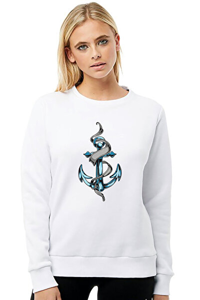 QIVI Deniz Çapa Printed White Women's Knitted Sweatshirt Long Sleeve