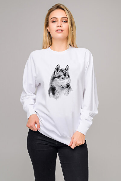 QIVI سويت شيرت منسوج للنساء من Wolf Kurt Siberian Dog Sketching مطبوع باللون ...