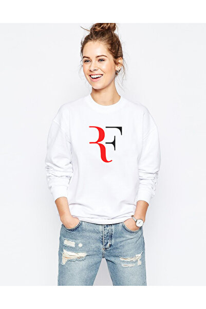 QIVI روجر فيدرر Rf مطبوع سترة نسائية محبوكة باللون الأبيض بأكمام طويلة