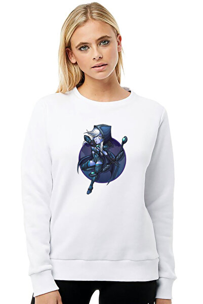 QIVI Printed White Women's Knitted Sweatshirt Long Sleeve