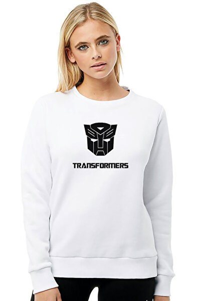 QIVI سترة ترانسفورمرز مطبوع النسائية المحبوكة باللون الأبيض بأكمام طويلة