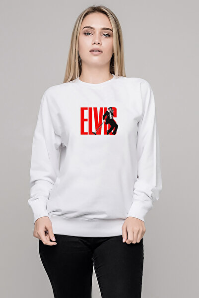 QIVI سويت شيرت إلفيس بريسلي ذا ليجند ميتال روك مطبوع للسيدات باللون الأبيض بأ...