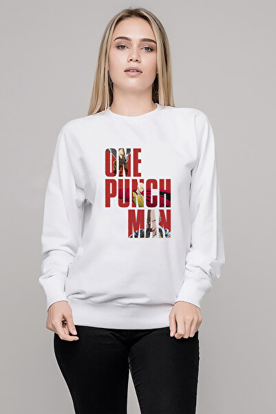 QIVI سترة نسائية محبوكة باللون الأبيض من One Punch Man مطبوع بأكمام طويلة
