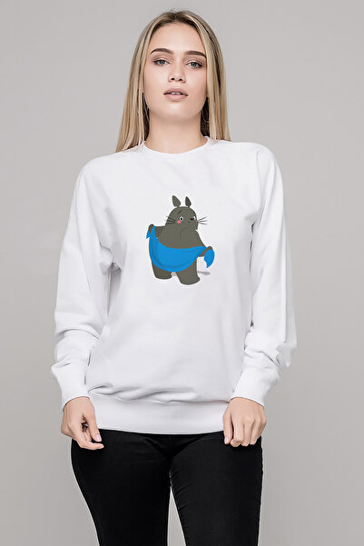 QIVI My Neighbor Komşum Totoro Printed White Women's Knitted Sweatshirt Long ...