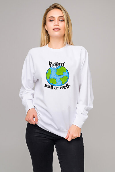 QIVI Respect Mother Earth Printed White Women's Knitted Sweatshirt Long Sleeve
