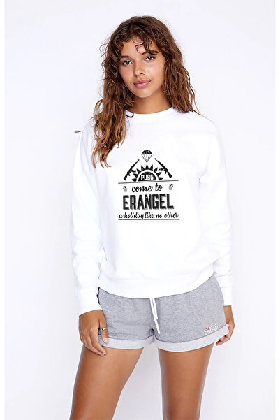 QIVI Pubg Come to Erangel Printed White Women's Knitted Sweatshirt Long Sleeve