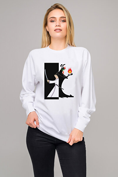 QIVI سويت شيرت ساموراي جاك مطبوع نسائي أبيض محبوك بأكمام طويلة