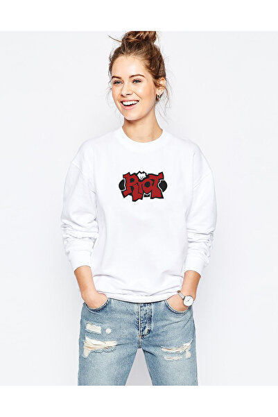 QIVI سويت شيرت نسائي محبوك باللون الأبيض من Riot Logo مطبوع بأكمام طويلة