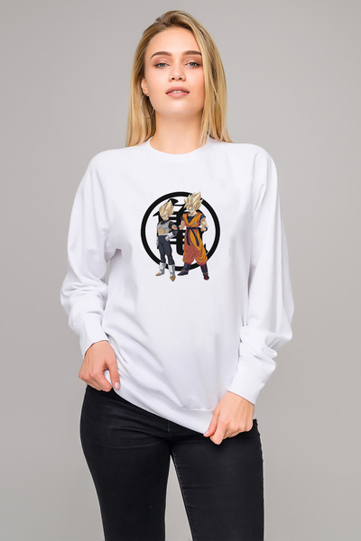 QIVI سويت شيرت أنمي دراغون بول مطبوع للسيدات باللون الأبيض بأكمام طويلة