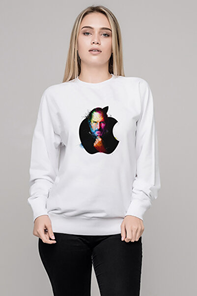 QIVI ستيف جوبز أبل مطبوع سويت شيرت نسائي أبيض محبوك بأكمام طويلة