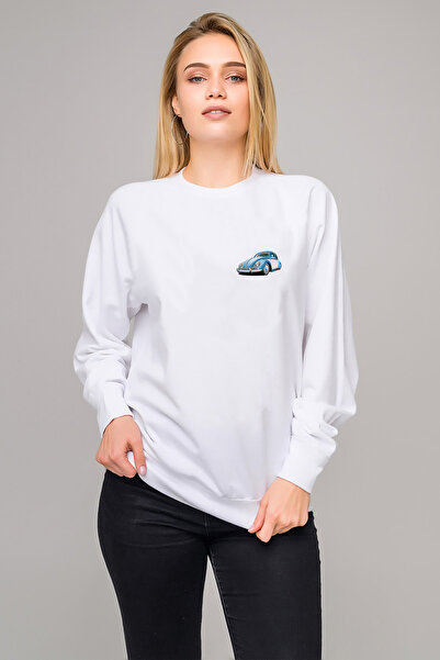QIVI Blue Vosvos Tosbağa Göğüs Printed White Women's Knitted Sweatshirt Long ...