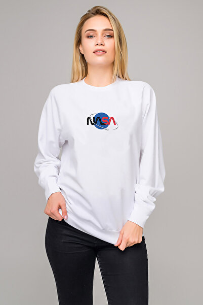 QIVI Nasa Logos Vector Symbol Free Printed White Women's Knitted Sweatshirt Long Sleeve