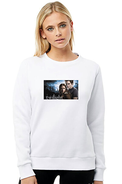 QIVI أفلام Twilight Movies مطبوع سترة نسائية بيضاء محبوكة بأكمام طويلة