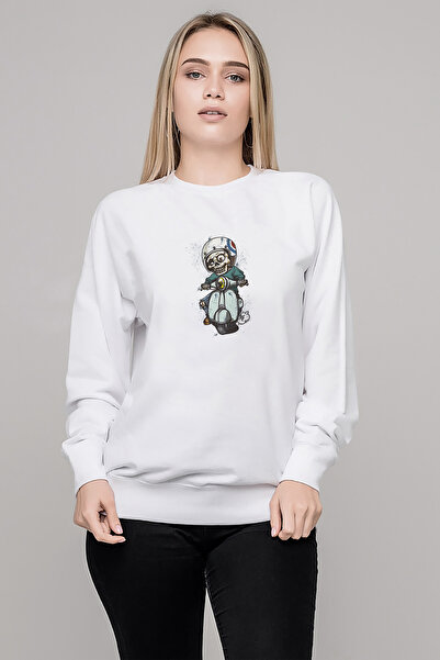 QIVI Scooter Vector Mod Vespa Illustration on Printed White Women's Knitted Sweatshirt Long Sleeve