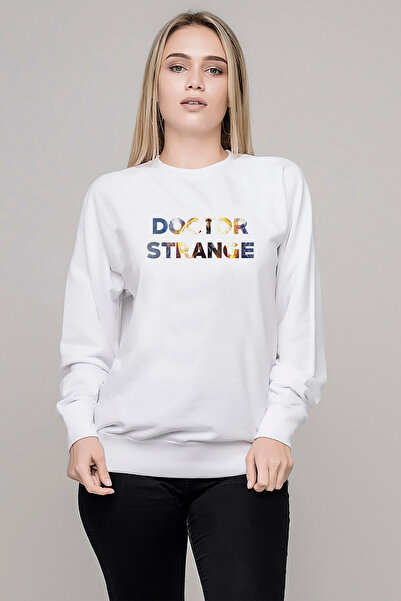 QIVI Doctor Stange Printed White Women's Knitted Sweatshirt Long Sleeve