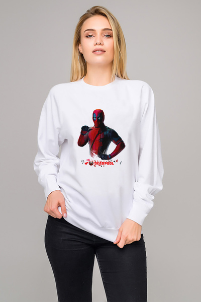 QIVI سترة ديدبول سوليد بلو مطبوع للنساء باللون الأبيض محبوكة بأكمام طويلة