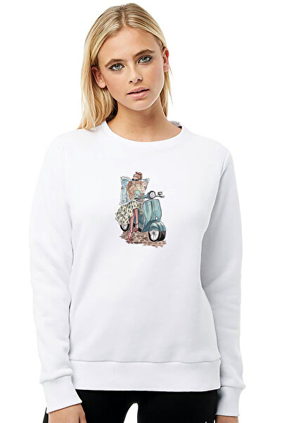 QIVI سويت شيرت نسائي محبوك من Vespa مطبوع باللون الأبيض بأكمام طويلة