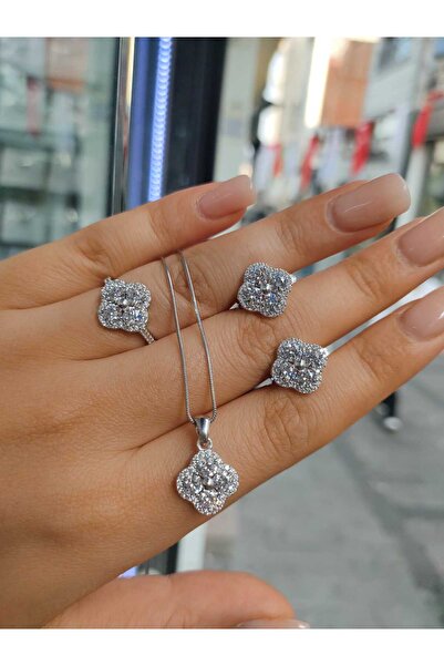 Silver 925 Ayar Yonca Desen Zirkon Taşlı Gümüş Takım