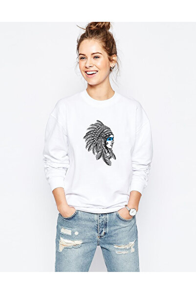 QIVI Native American Girl Blue Striped Printed White Women's Knitted Sweatshi...
