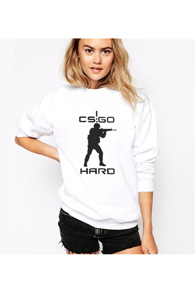 QIVI سويت شيرت Cs Go Hard مطبوع للسيدات محبوك باللون الأبيض بأكمام طويلة