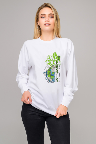 QIVI Green Earth Printed White Women's Knitted Sweatshirt Long Sleeve