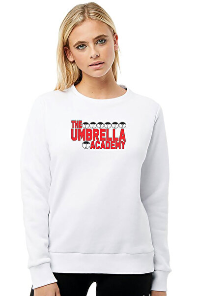 QIVI The Umbrella Academy Logo&Yazi مطبوع سترة نسائية بيضاء محبوكة بأكمام طويلة