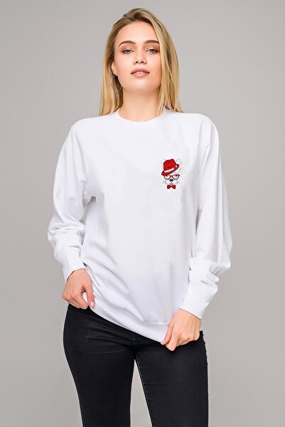 QIVI Dog Red Hat Glasses Bow Tie Dog Printed White Women's Knitted Sweatshirt...