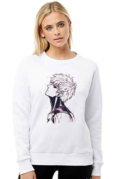 QIVI سويت شيرت أنمي وان بانش مان جينوس مطبوع للسيدات باللون الأبيض بأكمام طويلة