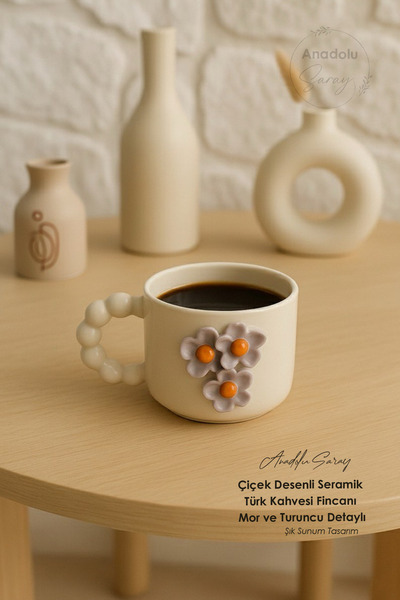 Anadolu Saray Handmade Floral Patterned Ceramic Turkish Coffee Cup – Purple and Orange Detailed