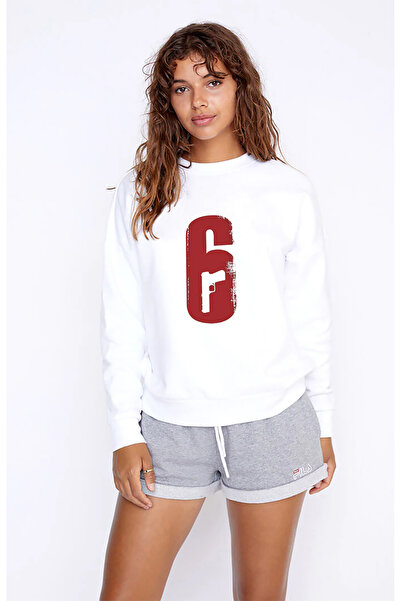 QIVI سويت شيرت رينبو سيكس 6 مطبوع للسيدات باللون الأبيض بأكمام طويلة