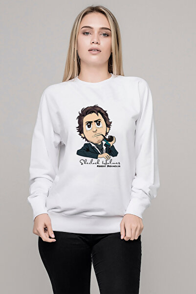 QIVI سترة شيرلوك فن مطبوع النسائية المحبوكة باللون الأبيض بأكمام طويلة