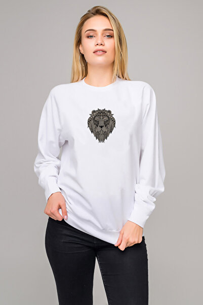QIVI Lion Art Printed White Women's Knitted Sweatshirt Long Sleeve