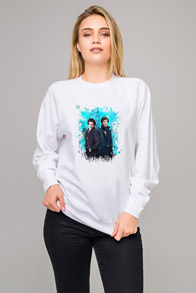 QIVI سترة شيرلوك إكس جون مطبوع النسائية البيضاء المحبوكة بأكمام طويلة