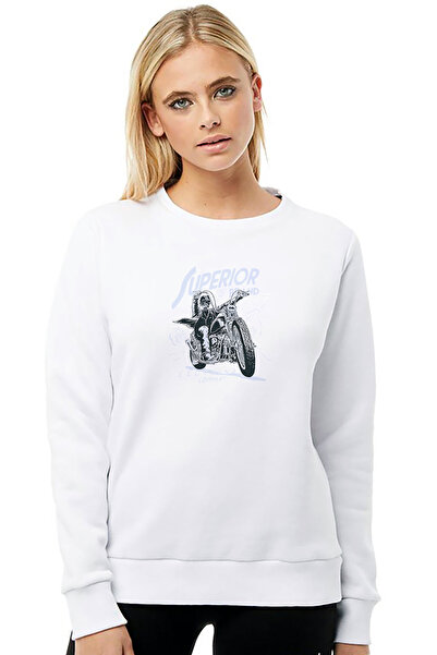 QIVI Motorcycles Printed White Women's Knitted Sweatshirt Long Sleeve