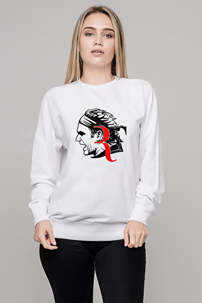 QIVI روجر فيدرر مطبوع سويت شيرت نسائي أبيض محبوك بأكمام طويلة