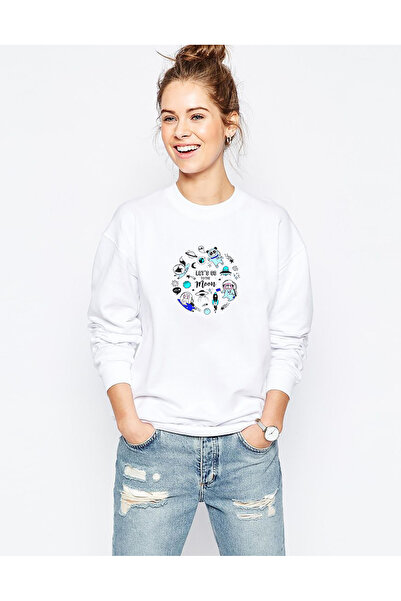 QIVI Let's Go to the Moon Printed White Women's Knitted Sweatshirt Long Sleeve