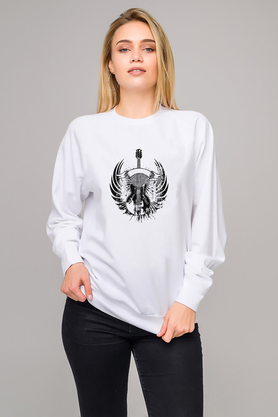 QIVI Guitar Rock Music Vector Guitar Printed White Women's Knitted Sweatshirt Long Sleeve