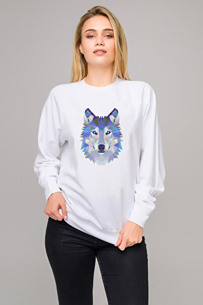 QIVI سويت شيرت محبوك للسيدات من Polygonal Head Wolf Kurt مطبوع باللون الأبيض ...