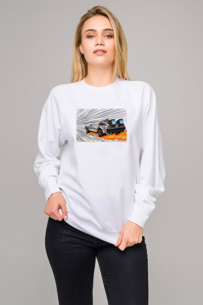 QIVI سترة نسائية محبوكة باللون الأبيض من Back To The Future Car مطبوع بأكمام ...