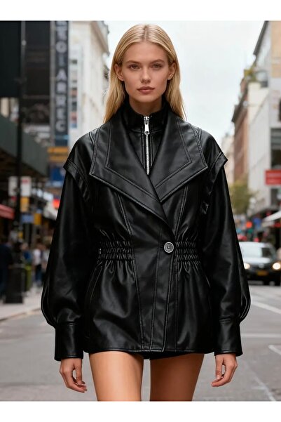 ALİVİONS Çift Yaka Beli Lastikli Deri Mont