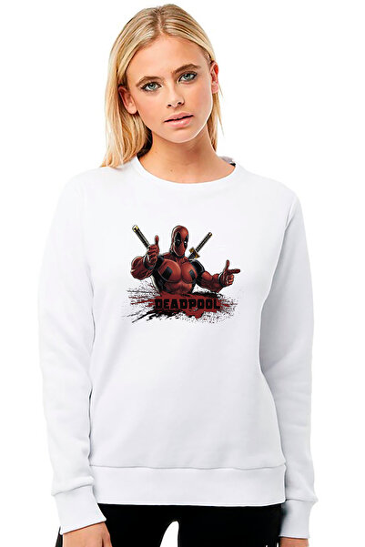 QIVI سويت شيرت ديدبول مطبوع نسائي أبيض محبوك بأكمام طويلة