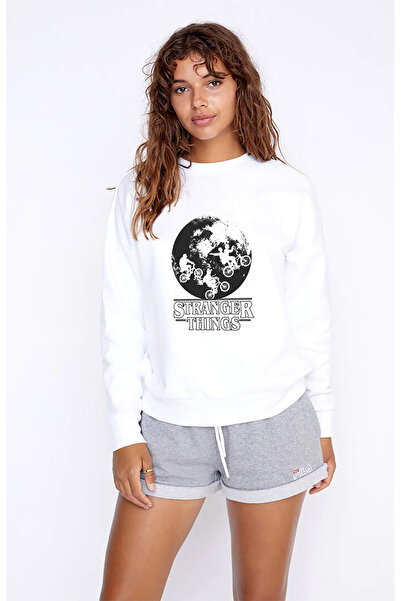 QIVI Stranger Things Bikes World Printed White Women's Knitted Sweatshirt Lon...