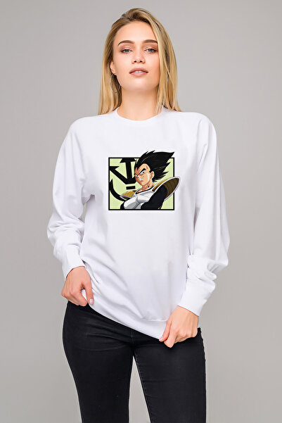 QIVI سويت شيرت أنمي دراغون بول فيجيتا مطبوع للسيدات باللون الأبيض بأكمام طويلة