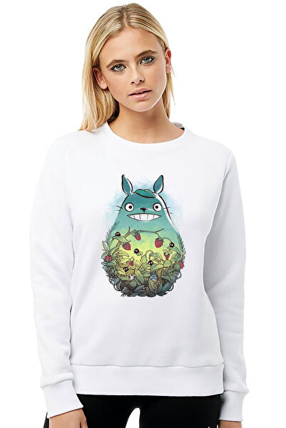 QIVI My Neighbor Komşum Totoro Printed White Women's Knitted Sweatshirt Long ...