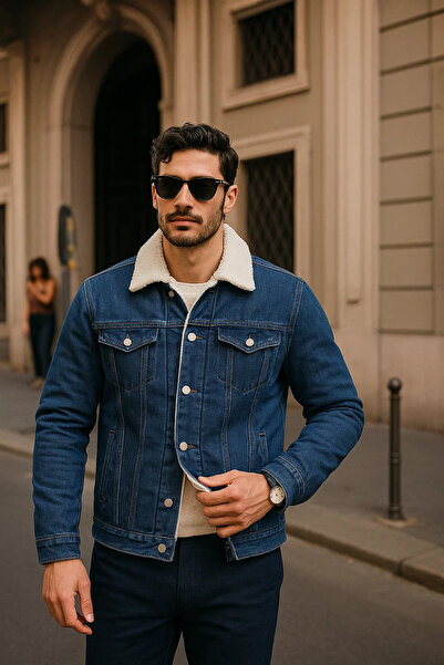 comstar Men's Winter Casual Fur Lined Classic Dark Blue Denim Jacket