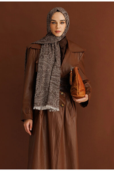 Mooncorn Bitter Brown Rumi Pattern Wool Cashmere Shawl