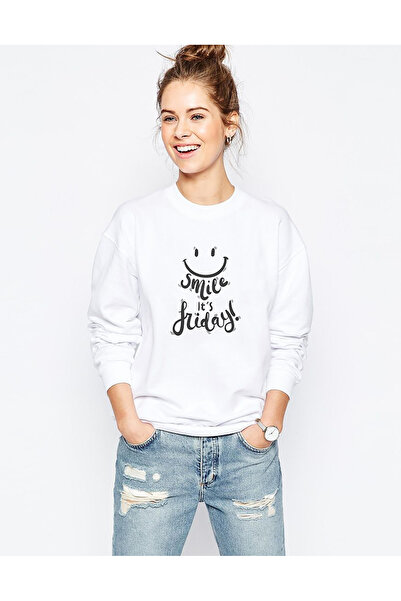 QIVI Friday Day Metin Smile English Art Printed White Women's Knitted Sweatsh...