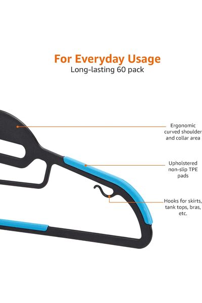 Amazon basics AmazonBasics Space Saving Non-Slip Plastic Hangers with 10 Finger Clips - 60-Pack, 6 Colours