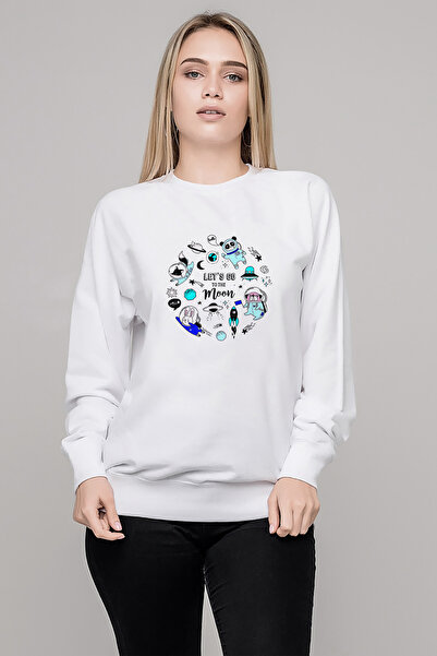 QIVI سترة Let's Go To The Moon مطبوع النسائية البيضاء المحبوكة بأكمام طويلة